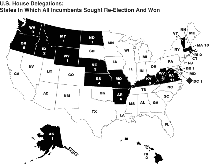 Map of 2002 U.S. House Delegations showing states in which all incumbents sought re-election and won