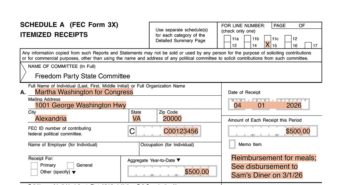 A party committee report disclosing a receipt of a direct reimbursement from a candidate committee