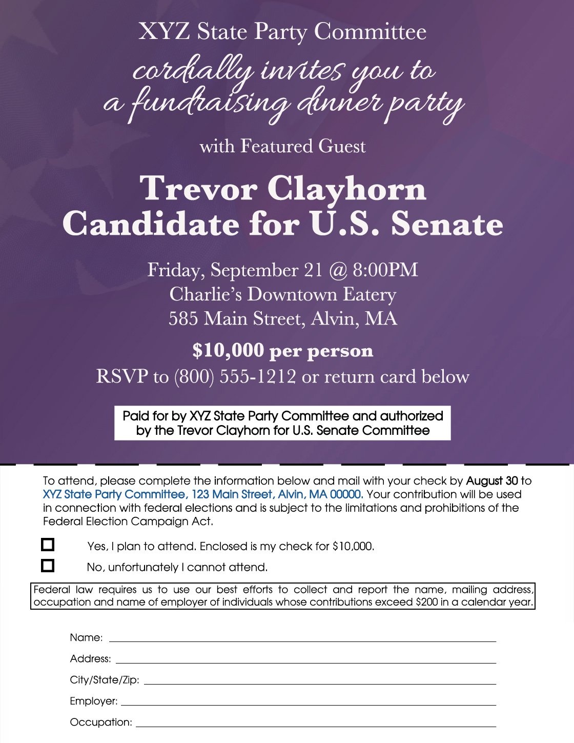 Image of a disclaimer example of a state party committee's invitation featuring a federal candidate as a guest