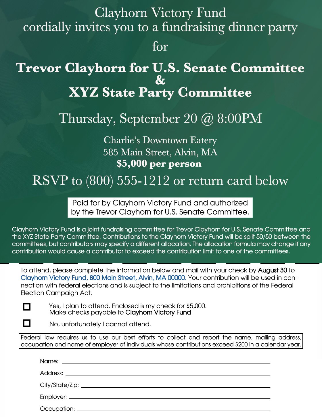 Image of a disclaimer example of an Invitation for Joint Fundraiser between a federal candidate and state party committee