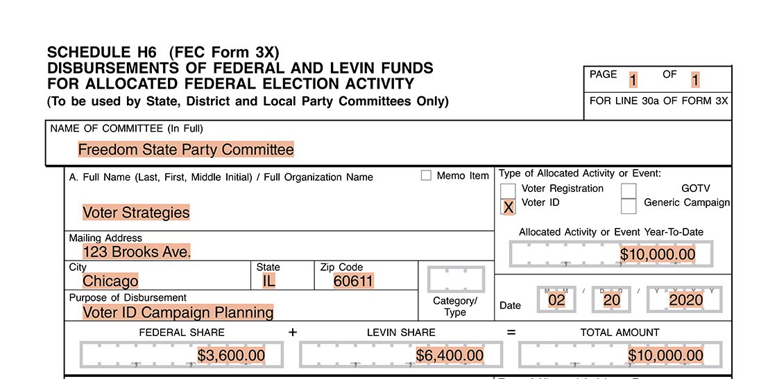 Image of reporting example of party allocation FEA 02 on Form 3X Schedule H6