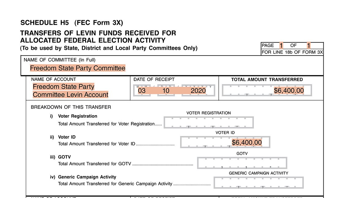 Image of reporting example of party allocation FEA 03 on Form 3X Schedule H5