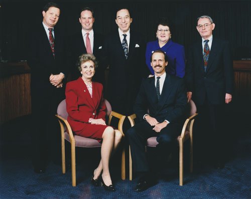(L to R) Sitting - Chairwoman Joan D. Aikens, Vice Chairman Scott E. Thomas. Standing - Commissioners Danny L. McDonald, Trevor Potter, John W. McGarry, Lee Ann Elliott, Senate Ex-Officio David G. Gartner
