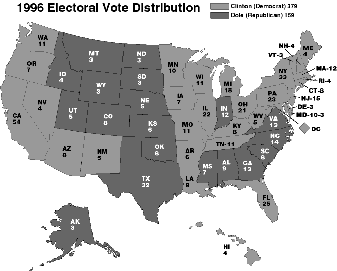 Map showing 1996 Electoral Vote Distribution