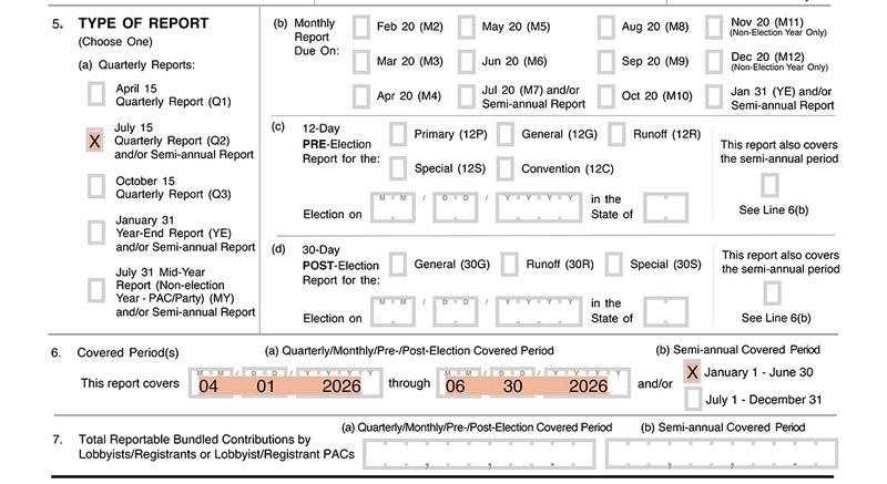 Reporting example of a lobbyist bundling quarterly covered period from April 1, 2026 to June 30, 2026 and semi-annual period of January 1, 2026 through June 30, 2026