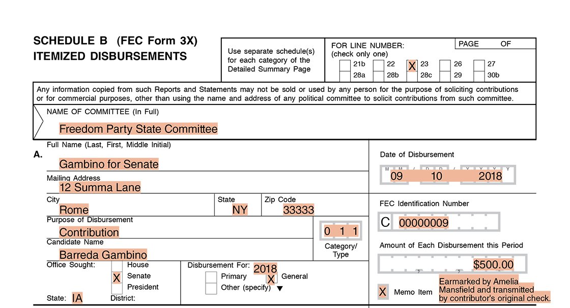 Party committee itemization of an earmarked contribution (undeposited) Form 3X Schedule B