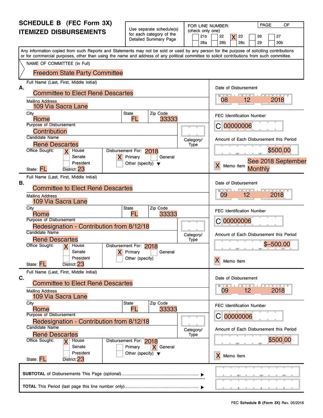 Party committee itemization of a redesignation Form 3X Schedule B