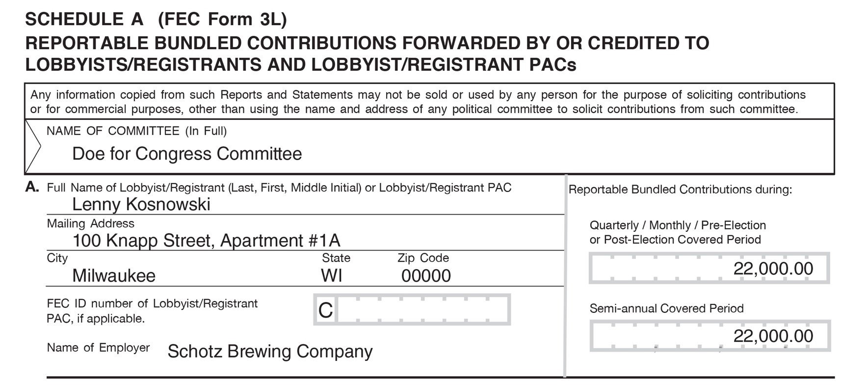 Example of FEC Form 3L illustrating how to disclose the identification of a lobbyist/registrant who has forwarded or been credited with bundling contributions
