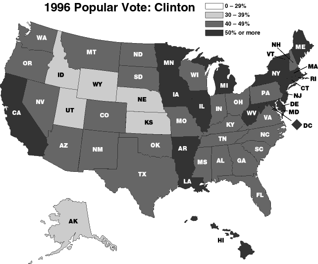 Map showing 1996 Popular Vote: Clinton