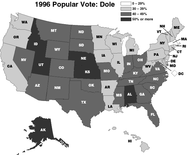 Map showing 1996 Popular Vote: Dole