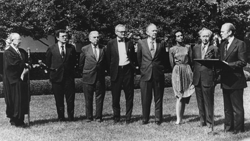 (L to R) Associate Justice William J. Brennan Jr., Robert O. Tiernan, Neil O. Staebler, Thomas E. Harris, William L. Springer, Joan D. Aikens, President Gerald R. Ford